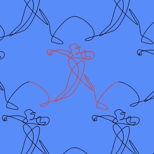 Puede incluir: Patrón repetitivo sobre fondo azul con figuras de arte lineal en negro y rojo. Las figuras parecen estar en movimiento, con los brazos extendidos. El diseño es simple y moderno, adecuado para diversas aplicaciones.