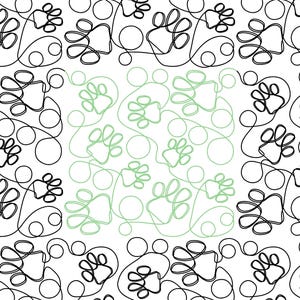 May include: A repeating pattern of paw prints and circles in black and light green on a white background. The paw prints are stylized and connected by flowing lines, creating a whimsical design. The design is suitable for pet-themed products.