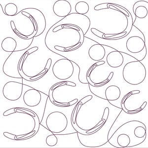 May include: A white background with a repeating pattern of stylized horseshoes and circles in a dark purple color. The horseshoes are curved and have a double-lined design, while the circles vary in size.