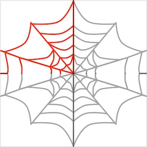 Könnte beinhalten: Stilisierte Spinnennetz-Illustration, halb rot und halb grau, vor weißem Hintergrund. Das radiale Muster des Netzes konvergiert in einem zentralen Punkt und hebt die komplizierte Struktur hervor.