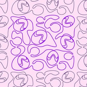 Könnte beinhalten: Abstraktes Muster auf hellrosa Hintergrund. Das Design zeigt ein sich wiederholendes Motiv aus stilisierten Formen und Kreisen in Lila- und Dunkelgrautönen. Die Linien erzeugen ein fließendes, organisches Gefühl.