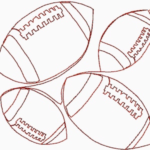 May include: Four brown footballs with white stitching are arranged on a white background. The footballs are in different orientations, showcasing the stitching and shape of the ball. The image is a simple, line-art style.