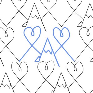 Puede incluir: Un patrón repetido de corazones y montañas en negro sobre un fondo blanco. Dos corazones azules y una montaña azul están en el centro. El diseño es simple y gráfico.