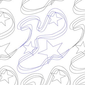Könnte beinhalten: Ein sich wiederholendes Muster mit fünfzackigen Sternen, die durch durchgehende, fließende Linien verbunden sind. Das Design besteht aus schwarzen und blauen Linien auf weißem Grund und erzeugt ein rhythmisches, vernetztes Sternenmotiv.