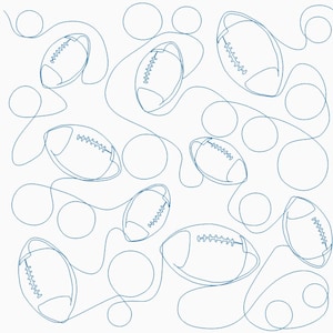 May include: A repeating pattern of blue line art footballs and circles on a white background. The footballs are drawn with detailed stitching and are scattered across the image, connected by flowing lines.