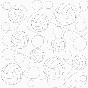 May include: A black and white line drawing of several volleyballs and circles scattered across the image. The volleyballs are detailed with curved lines to represent the panels. The circles vary in size and are evenly spaced.