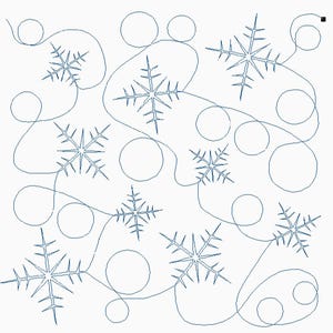 Puede incluir: Un fondo blanco con un patrón repetitivo de copos de nieve y círculos azules. Los copos de nieve tienen diseños intrincados y puntiagudos, y los círculos varían en tamaño. Las líneas de conexión crean un efecto fluido y caprichoso.