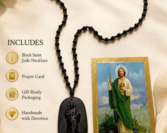 Handmade Black Obsidian San Judas Necklace | Catholic Saint Jude Pendant, Prayer Beads