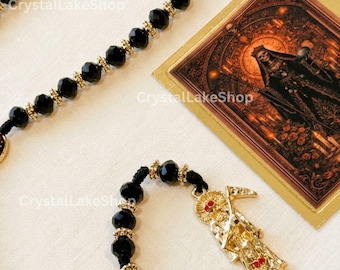 Santa Muerte Rosary | Black & Gold Prayer Beads | Handmade Gothic Catholic Gift | Spiritual Protection Jewelry