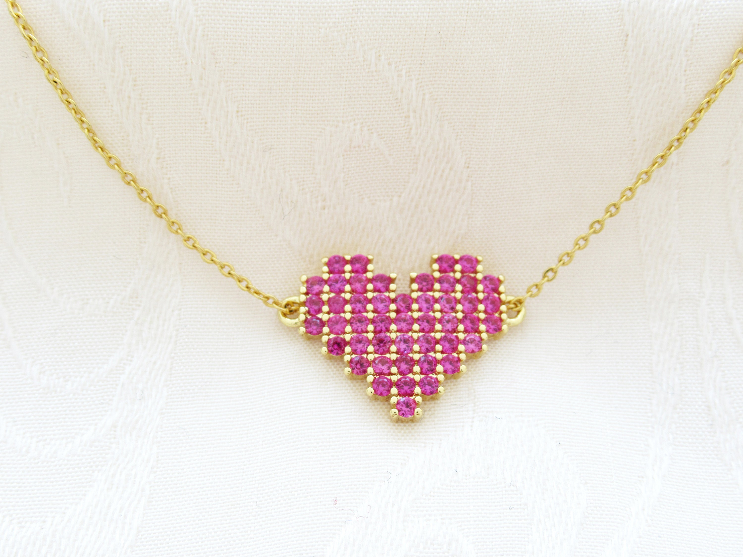 Dark Pink Pixel Heart Pendant, Large Pink Heart Necklace