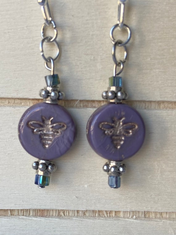 Bee Earrings-Czech Glass Bead Earrings-Bee Dangle Earrings-Coin Bead