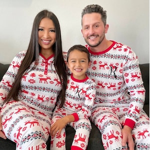 Christmas Holiday Pajamas for Him & Her - Matching Family Christmas PJs Sets - White Red Reindeer - XMAS long johns