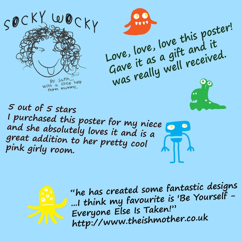 May include: A colorful poster with a cartoon character and the text "Sockly Wocky" and "Love, love, love this poster! Gave it as a gift and it was really well received." The poster also includes a 5-star rating and the text "5 out of 5 stars I purchased this poster for my niece and she absolutely loves it and is a great addition to her pretty cool pink girly room."
