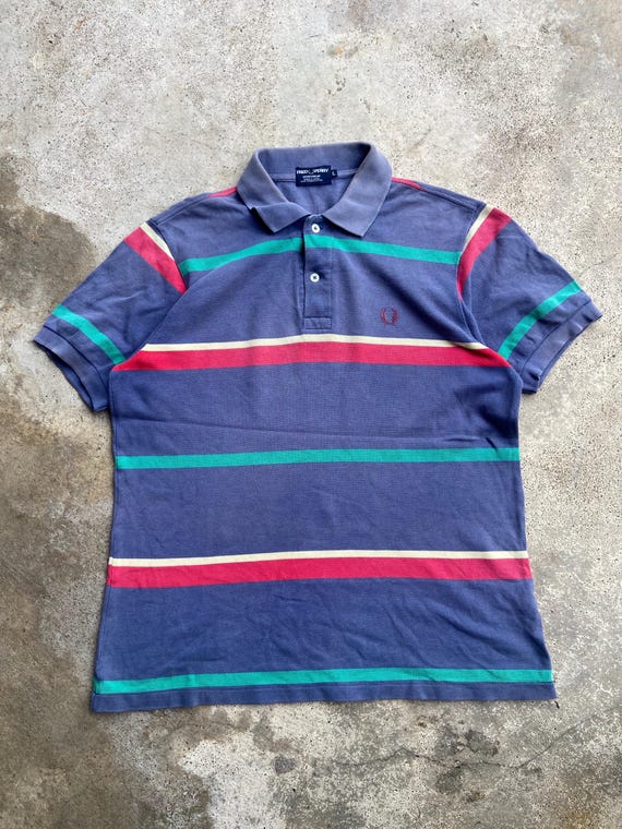 Fred Perry, Vintage Fred Perry Striped Polo Shirt Large, Embroidered Laurel Wreath, Made in Japan