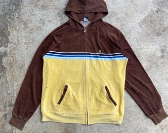 Vintage Hang Ten Velour Hoodie Zip Up – 70s Surf Style Colorblock Sweatshirt L