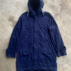 Vintage Adidas Originals Fishtail Parka Marinblå Storlek L | Retro Streetwear Huvjacka