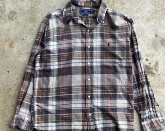 Camicia a quadri vintage Ralph Lauren Sport con bottoni, taglia L / Camicia a maniche lunghe a quadri in seersucker color terra, stile esploratori, viaggiatori e avventurieri