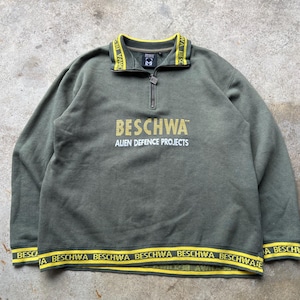 Rare Vintage 90s BeSchwa Alien Defence Projects Half Zip Sweatshirt Size L, Skatewear Alien Workshop Style Pullover
