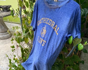 Vtg 70s Champion Cathedral Saints T-Shirt | Heather Blue Distressed Paper Thin Tee