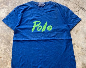 Vintage 90s Polo Sport Ralph Lauren T-Shirt, Blue Neon Script Logo (Made in Japan)