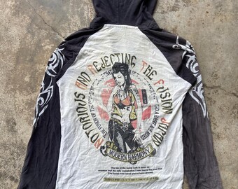 Vintage Geisha Graphic Hoodie, Y2K Japanese Streetwear, Cyber Grunge Tribal Tattoo Shirt