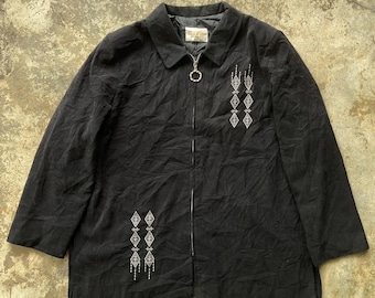 Vintage Iberis Japan Embroidered Bomber Jacket | Black Geometric Full Zip Casual Medium