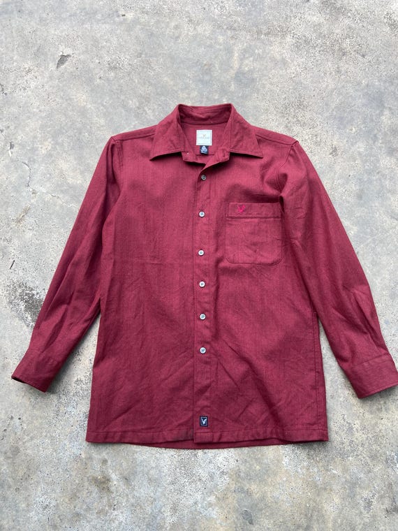 Lyle & Scott, Vintage 80’s Lyle & Scott Classic Abstract Wool Maroon Button Up Shirt Small Size