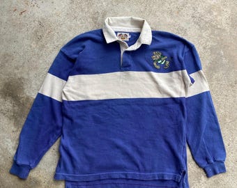 Vintage United Colors of Benetton Rugby Shirt | Blue Cream Hoop Embroidered Bull Mascot