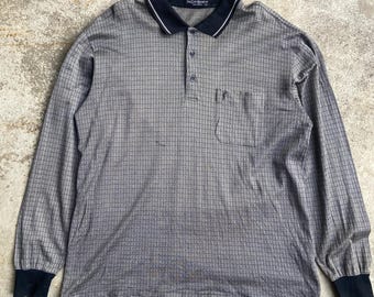 Vintage Yves Saint Laurent Long Sleeve Polo Shirt, Monogram Pocket, Textured Knit L XL