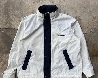 Vintage Carrera White Navy Windbreaker Jacket – Retro 90s Streetwear (Size Small)