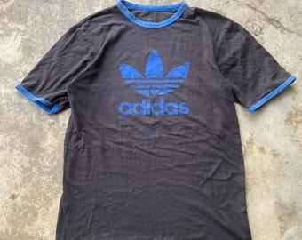 Vintage Adidas Ringer T-Shirt, Faded Black Blue Trefoil Logo Tee