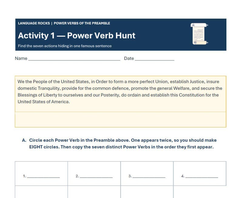 May include: A white educational worksheet titled Activity 1 Power Verb Hunt with a dark blue header. It features the Preamble to the United States Constitution in a yellow box, blank lines for name and date, and a table for listing eight power verbs.