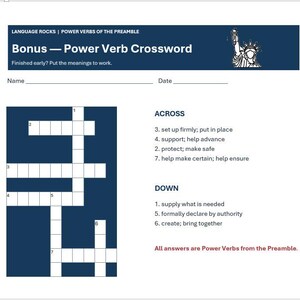 May include: A white educational worksheet titled Bonus &mdash; Power Verb Crossword with a dark blue header featuring the Statue of Liberty. It includes a crossword grid, numbered clues for across and down, and the text All answers are Power Verbs from the Preamble.