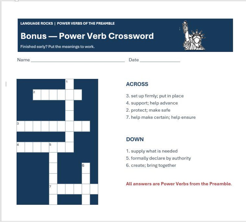 May include: A white educational worksheet titled Bonus &mdash; Power Verb Crossword with a dark blue header featuring the Statue of Liberty. It includes a crossword grid, numbered clues for across and down, and the text All answers are Power Verbs from the Preamble.