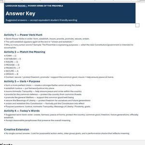 May include: A white educational document titled Language Rocks Power Verbs of the Preamble Answer Key. The text lists four activities regarding the Preamble to the Constitution, including Power Verb Hunt, Match the Meaning, Verb plus Purpose, and Today's Words.