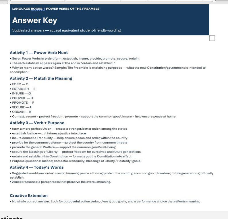 May include: A white educational document titled Language Rocks Power Verbs of the Preamble Answer Key. The text lists four activities regarding the Preamble to the Constitution, including Power Verb Hunt, Match the Meaning, Verb plus Purpose, and Today's Words.