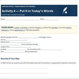 May include: A white educational worksheet titled Activity 4 &mdash; Put It in Today's Words, featuring a dark blue header with a quill icon. It includes a word bank, fill-in-the-blank lines for the Preamble, and a section for a one-sentence summary.