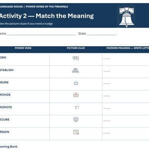 May include: A white educational worksheet titled Language Rocks Power Verbs of the Preamble Activity 2 Match the Meaning. It features a table with columns for Power Verb, Picture Clue, and Modern Meaning, including a Liberty Bell icon at the top.