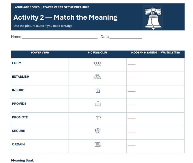 May include: A white educational worksheet titled Language Rocks Power Verbs of the Preamble Activity 2 Match the Meaning. It features a table with columns for Power Verb, Picture Clue, and Modern Meaning, including a Liberty Bell icon at the top.
