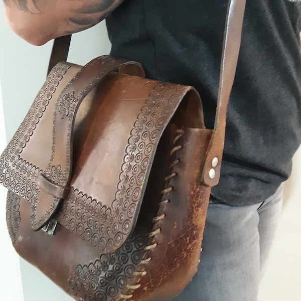 Boho Vintage Tooled Leather Bag, Gorgeous Old Worn, Distressed, Handmade, Thick, Dark Brown Leather, 1970's Style Bohemian Purse.