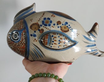 Vintage ceramic fish, Mexican pottery, Tonala, handmade, hand painted,  rustic home decor, fish cottage , cabin beach decor, artist signed