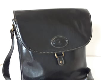 Sac à main vintage en cuir noir italien, fait à Rome, Cross Body Bag, sac à main pour femmes en cuir noir à la main