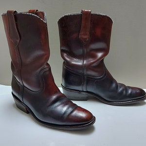 Frye boots, cowboy western style, mens size 9 D dark brow worn leather, new Vibram heels, new Topy soles, made in USA