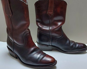 Frye boots, cowboy western style, mens size 9 D dark brow worn leather, new Vibram heels, new Topy soles, made in USA