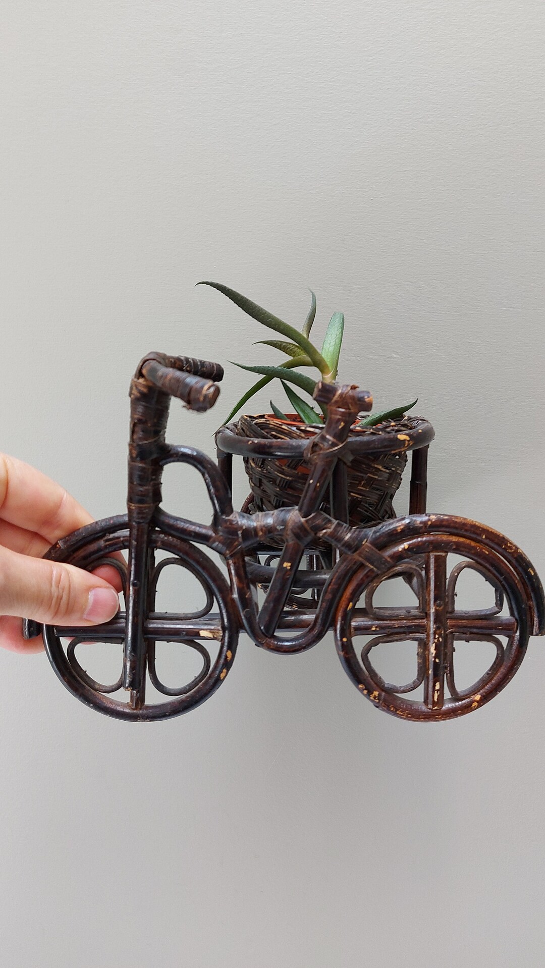 Vintage Wicker Bicycle Plant Holder, Tricyle Basket Plant Holder, Brown