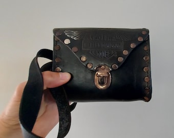Vintage Harley Davidson leather purse, murse, small, studded, distressed, worn, distressed, rusted, marked biker bag,