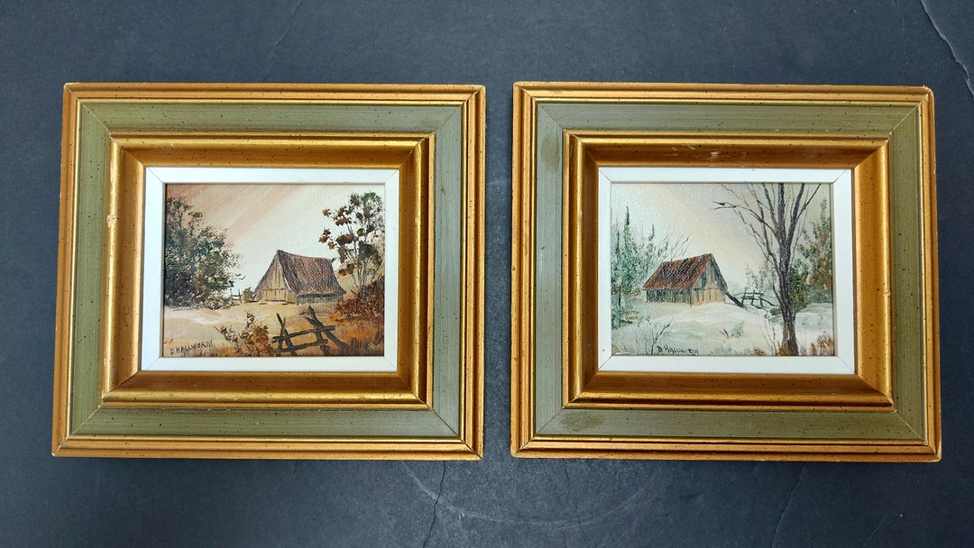 Vintage Set of 2 Original Paintings, Autumn Landscape, Winter Landscape