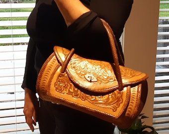 Vintage tooled leather bag, large unique shape, handmade, handcrafted.
