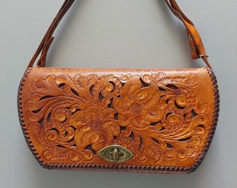 Vintage tooled leather purse, made in U.S.A. handmade, floral design, adjustable strap, patina, marks, scratches, beautiful gift for her