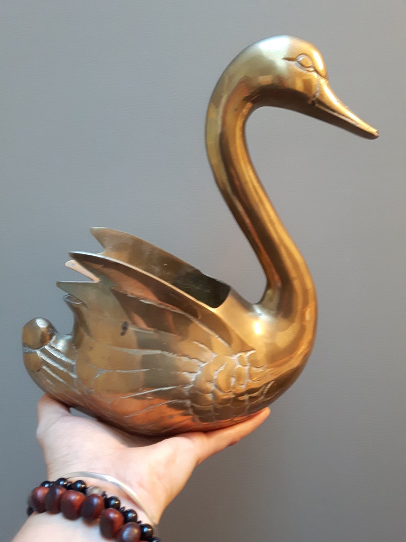 Planter Bird Patina Container Feathers Brass Swan Made in Korea Etched